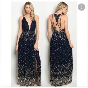 navy blue and gold maxi floral dress with lace detailing